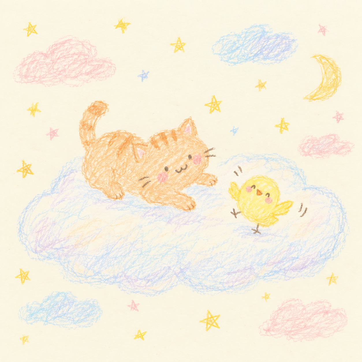 子供が描いた雲の上の猫とひよこのクレヨン画