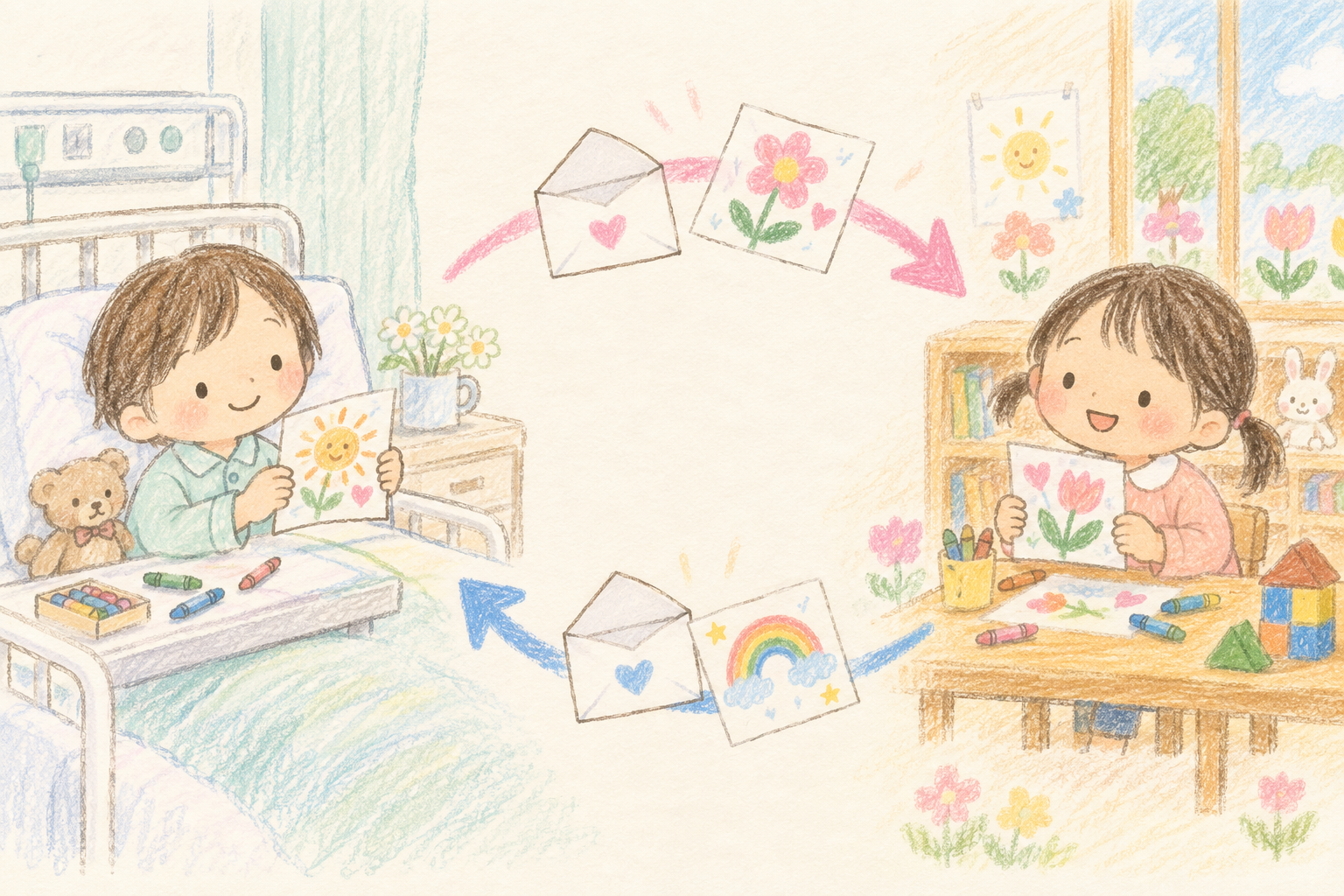 病院の子供と園児が絵の手紙を送り合うイメージイラスト