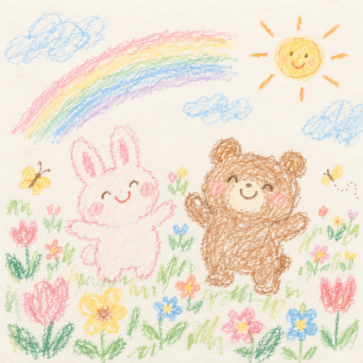 子供が描いたウサギとクマのクレヨン画